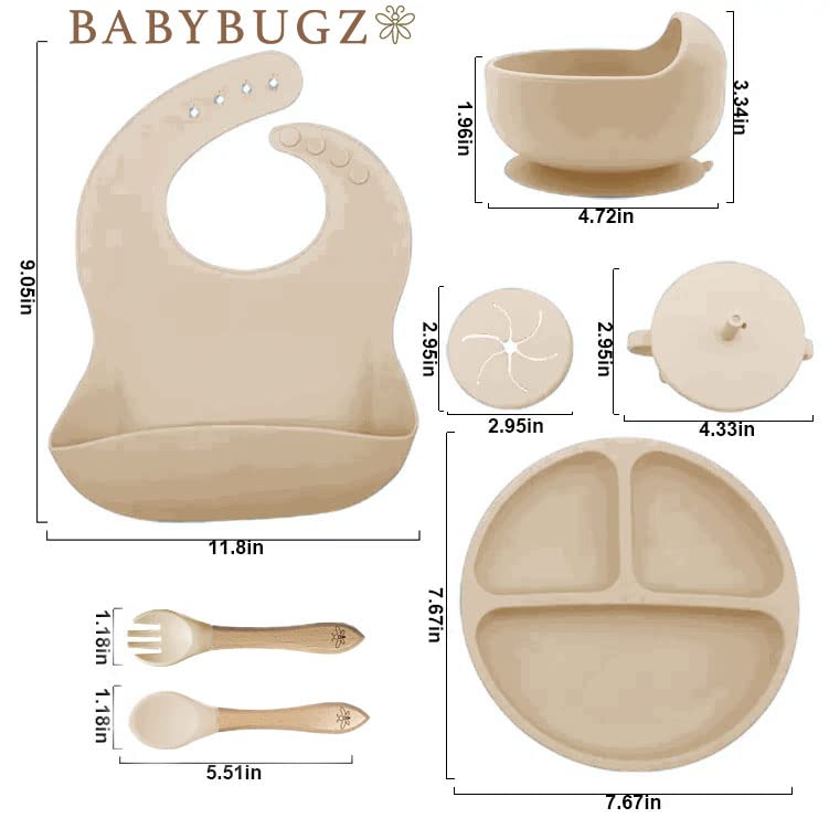 BabyBugz 7 Piece Baby Silicone Feeding Set, Baby Led Weaning Supplies with Silicone Suction Baby Bowls, Baby Silicone Plate With Suction and Baby Bibs, Baby Essentials Led Weaning Utensils (Sand)