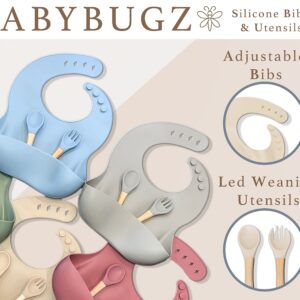 BabyBugz 7 Piece Baby Silicone Feeding Set, Baby Led Weaning Supplies with Silicone Suction Baby Bowls, Baby Silicone Plate With Suction and Baby Bibs, Baby Essentials Led Weaning Utensils (Sand)