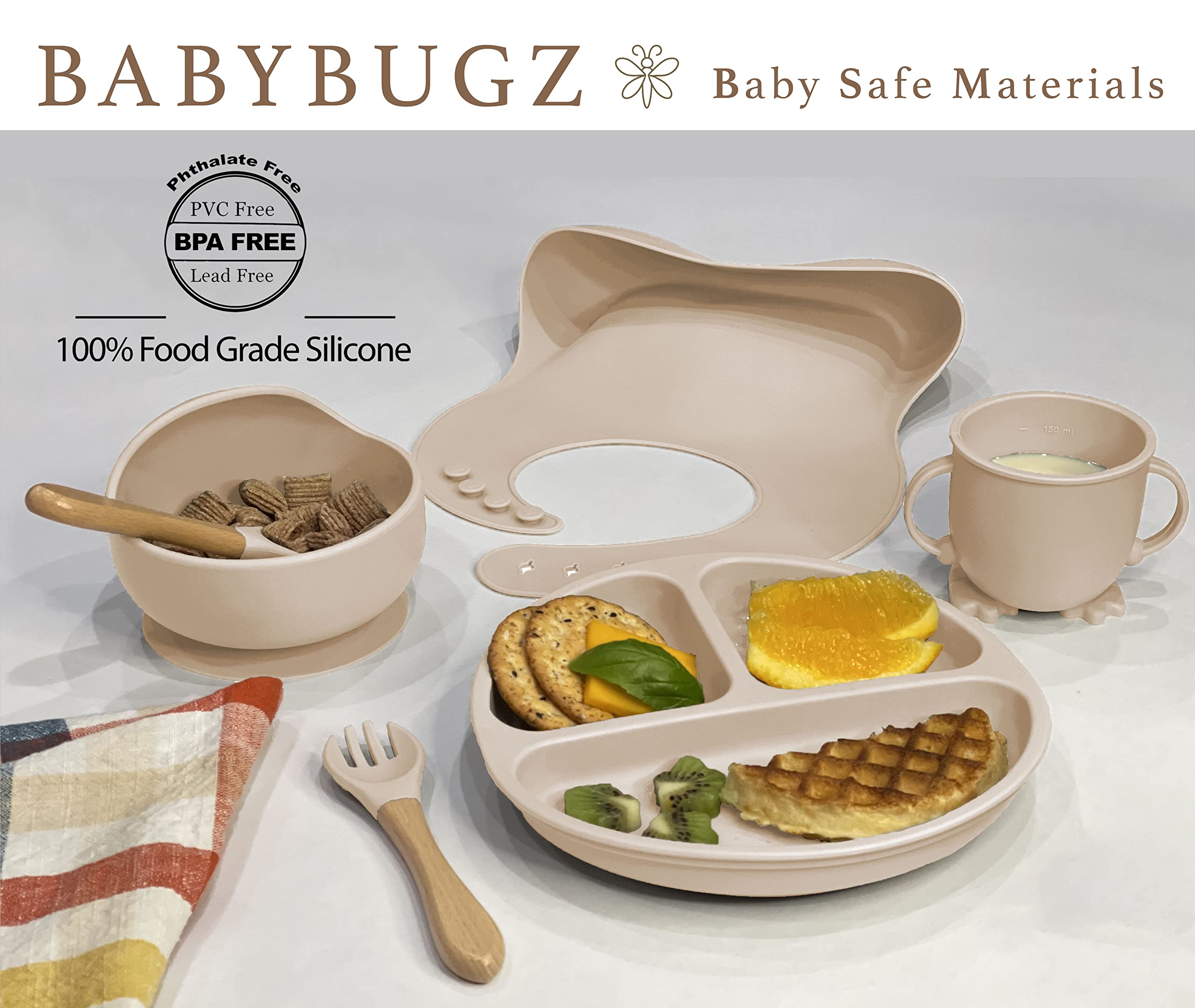 BabyBugz 7 Piece Baby Silicone Feeding Set, Baby Led Weaning Supplies with Silicone Suction Baby Bowls, Baby Silicone Plate With Suction and Baby Bibs, Baby Essentials Led Weaning Utensils (Sand)