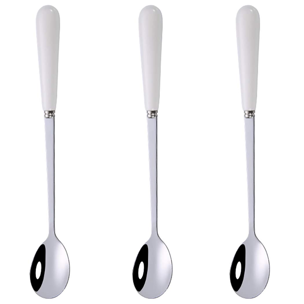 Goeielewe 3PCS Mixing Spoons for Coffee, Dessert, Ice Cream, Milkshake, Stainless Steel Iced Teaspoon with Ceramic Handle Tablespoons Espresso Cocktail Stirring Spoons, 6.8-Inch (White)