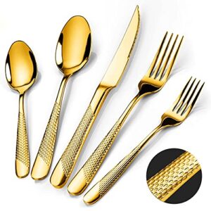 gold silverware set for 8, hammered 40-piece stainless steel flatware cutlery set,modern kitchen utensils tableware set includes dinner knives/forks/spoons,mirror polished dishwasher safe