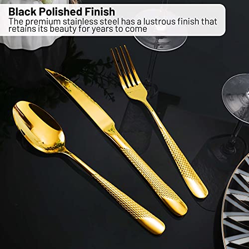 Gold Silverware Set for 8, Hammered 40-Piece Stainless Steel Flatware Cutlery Set,Modern Kitchen Utensils Tableware Set Includes Dinner Knives/Forks/Spoons,Mirror Polished Dishwasher Safe