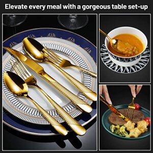 Gold Silverware Set for 8, Hammered 40-Piece Stainless Steel Flatware Cutlery Set,Modern Kitchen Utensils Tableware Set Includes Dinner Knives/Forks/Spoons,Mirror Polished Dishwasher Safe