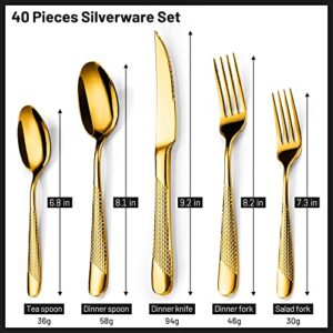 Gold Silverware Set for 8, Hammered 40-Piece Stainless Steel Flatware Cutlery Set,Modern Kitchen Utensils Tableware Set Includes Dinner Knives/Forks/Spoons,Mirror Polished Dishwasher Safe