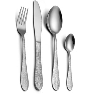 silver hammered silverware set,gulsarayi 24-piece stainless steel flatware set for 6, metal tableware cutlery set includes dinner knives/forks/spoons, modern design & mirror polished