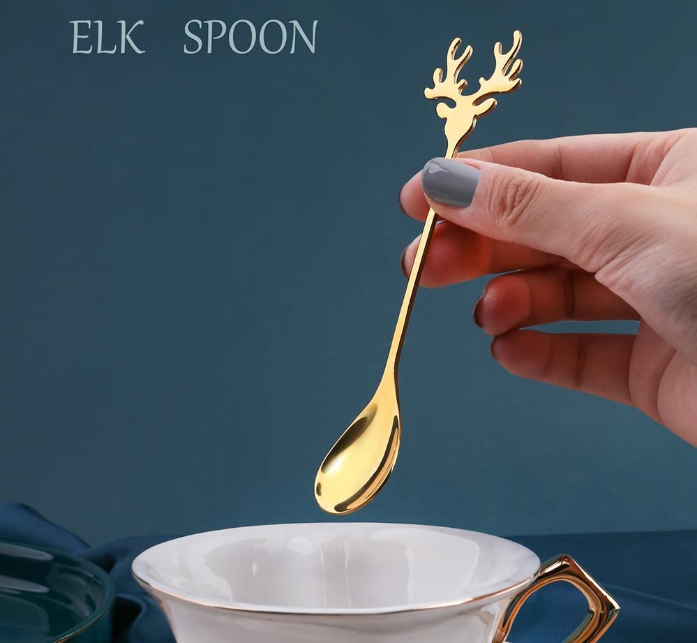 10 Pieces Gold Plated Stainless Steel Mini Coffee Espresso Spoon, Elk shaped spoon Dessert Teaspoons Small Soup Spoons 5.5 inch Specialty Demitasse Stirring Spoons