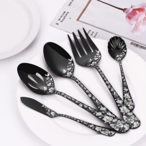 73-Piece Black Silverware Set for 12 with Steak Knife & Serving Set, Stapava Stainless Steel Flatware Cutlery Set, Eating Utensils Tableware, Butterfly Flower Design, Mirror Polish, Dishwasher Safe