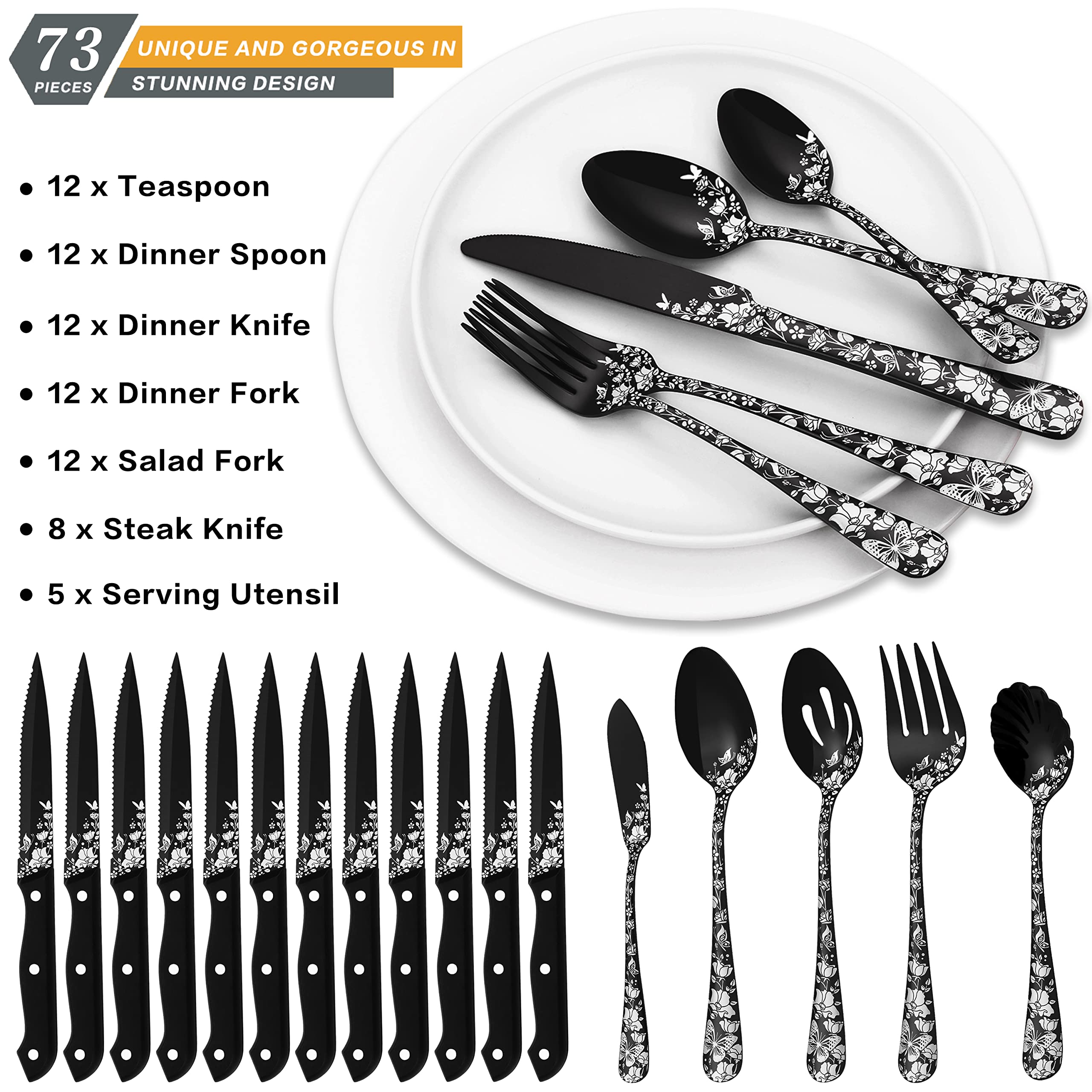 73-Piece Black Silverware Set for 12 with Steak Knife & Serving Set, Stapava Stainless Steel Flatware Cutlery Set, Eating Utensils Tableware, Butterfly Flower Design, Mirror Polish, Dishwasher Safe