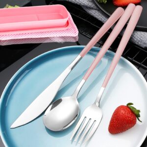 5 Pcs Portable Stainless Steel Flatware Set, Travel Reusable Utensils Set, Cutlery Set Including Knife, Fork, Spoon, and Carry Case for School, Office, Camping, and Picnic (pink)