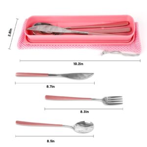 5 Pcs Portable Stainless Steel Flatware Set, Travel Reusable Utensils Set, Cutlery Set Including Knife, Fork, Spoon, and Carry Case for School, Office, Camping, and Picnic (pink)
