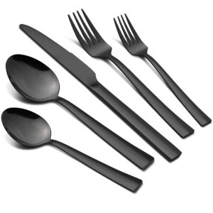 lianyu stainless steel black silverware set, 20-piece square flatware cutlery set for 4, kitchen restaurant party eating utensils tableware, mirror finish, dishwasher safe