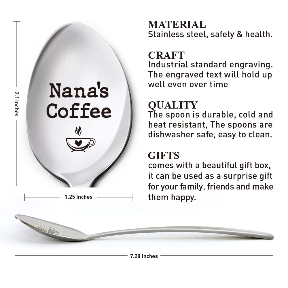 Nana's Coffee Spoon Gifts, Mother’s Day Birthday Thanksgiving Christmas Gifts for Best Nana Ever, Grandma Grandmother Gifts from Granddaughter Grandson Grandchildren, Engraved Stainless Steel Spoon