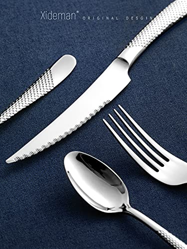 Xideman Innovative Ultra-Sharp 2-IN-1 Serrated Forged Knife For Dinner and Steak. 6 Piece High carbon Stainless Steel Steak Knife Sets, 9.14" Hammered Solid Handle Dinner Knives. (Silver)