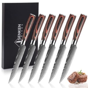 senken professional steak knife set with damascus pattern - razor sharp serrated stainless steel & wood handle (steak knives set of 6)