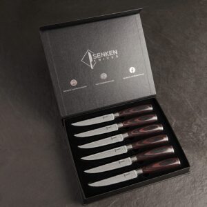 SENKEN Professional Steak Knife Set with Damascus Pattern - Razor Sharp Serrated Stainless Steel & Wood Handle (Steak Knives Set of 6)
