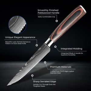 SENKEN Professional Steak Knife Set with Damascus Pattern - Razor Sharp Serrated Stainless Steel & Wood Handle (Steak Knives Set of 6)