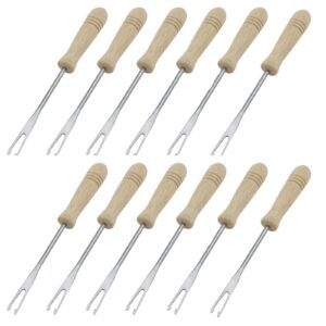 antrader set of 12 marshmallow roasting fork set 4.9" stainless steel cheese fondue forks with heat resistant wood handle for chocolate fountain, melted cheese and fruit