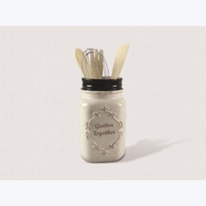 young's inc. ceramic jar with kitchen utensils - 4'' l x 4'' w x 11'' h - rustic decor - kitchen accessories for countertop