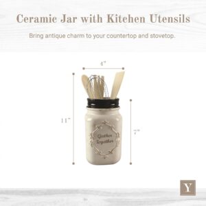 Young's Inc. Ceramic Jar with Kitchen Utensils - 4'' L X 4'' W X 11'' H - Rustic Decor - Kitchen Accessories for Countertop