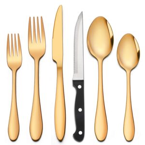 lianyu 20-piece gold silverware set with 4 steak knives, stainless steel flatware cutlery set for 4, tableware eating utensils included fork spoon knife, dishwasher safe