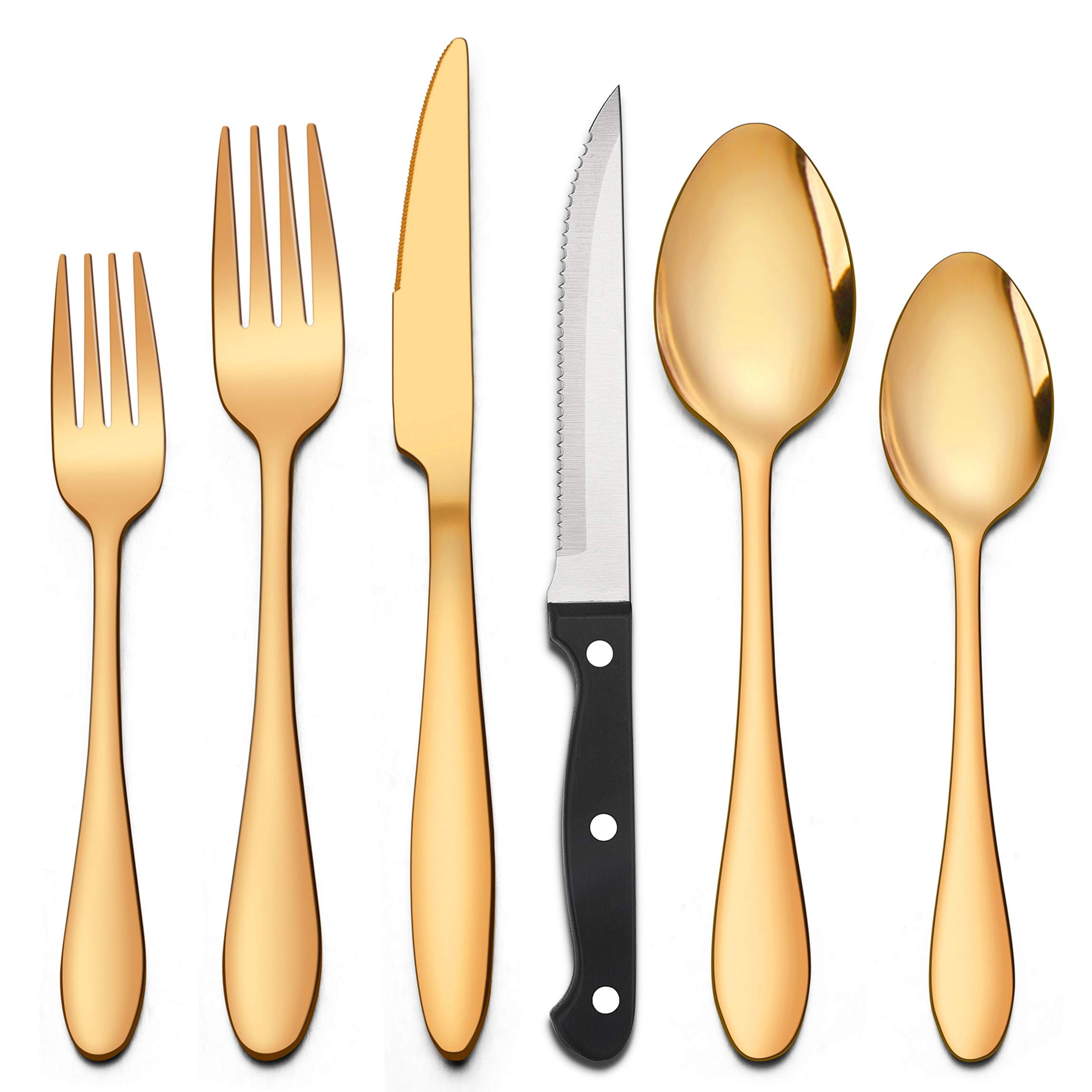 LIANYU 20-Piece Gold Silverware Set with 4 Steak Knives, Stainless Steel Flatware Cutlery Set for 4, Tableware Eating Utensils Included Fork Spoon Knife, Dishwasher Safe