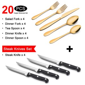 LIANYU 20-Piece Gold Silverware Set with 4 Steak Knives, Stainless Steel Flatware Cutlery Set for 4, Tableware Eating Utensils Included Fork Spoon Knife, Dishwasher Safe