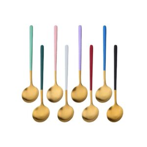 color me! 8 piece stainless steel espresso coffee spoons mini teaspoons set lightweight small round spoons set for coffee, tea, ice cream, dessert, cake, dishwasher safe, eco friendly, multicolor