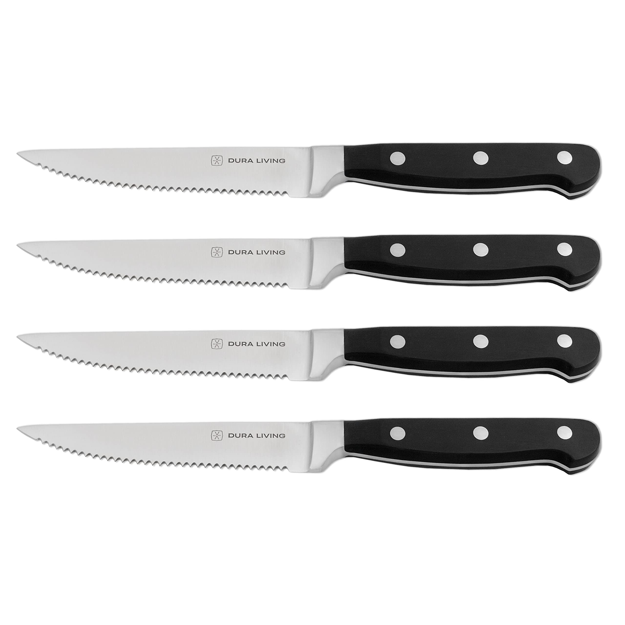 DURA LIVING Premium 4-Piece Steak Knife Set – Sharp Serrated Blades, Forged High Carbon Stainless Steel, Full Tang, Ergonomic Handle, Royal Blue – Ideal for Dining & Entertaining