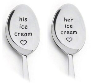 his and her ice cream spoons for couples, boyfriend girlfriend birthday wedding anniversary christmas gifts for wife husband stainless steel couple engraved spoon set 2pcs