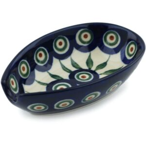 polish pottery spoon rest 5-inch made by ceramika artystyczna (peacock leaves theme)