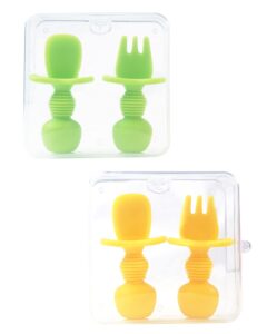 4 pcs baby spoons self feeding 6 months, silicone baby spoons first stage, toddler utensils for baby led weaning with 2 cases (yellow, green)