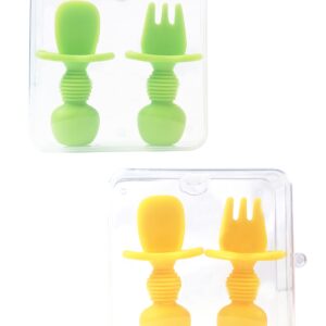 4 Pcs Baby Spoons Self Feeding 6 Months, Silicone Baby Spoons First Stage, Toddler Utensils for Baby Led Weaning with 2 Cases (Yellow, Green)