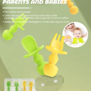 4 Pcs Baby Spoons Self Feeding 6 Months, Silicone Baby Spoons First Stage, Toddler Utensils for Baby Led Weaning with 2 Cases (Yellow, Green)