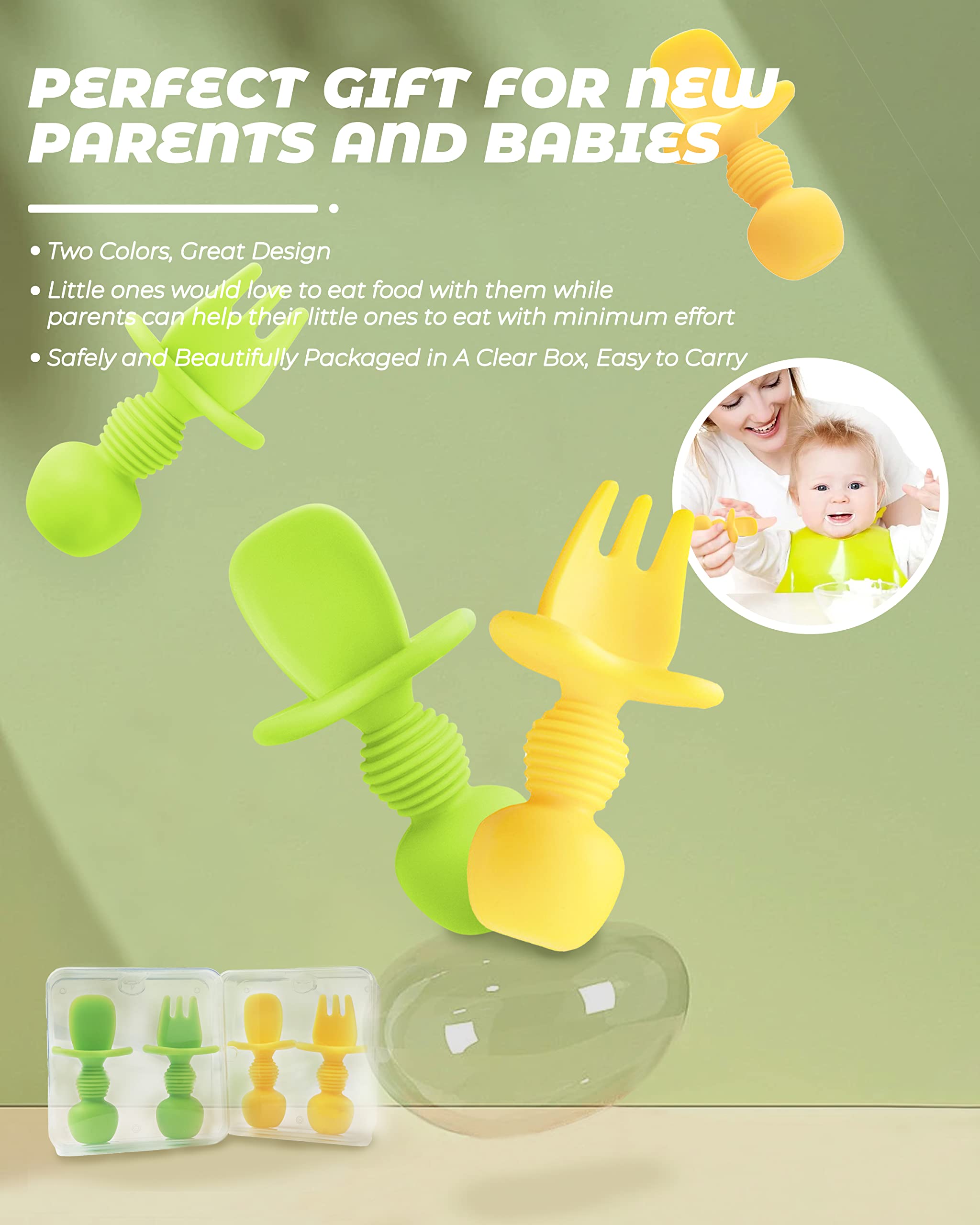 4 Pcs Baby Spoons Self Feeding 6 Months, Silicone Baby Spoons First Stage, Toddler Utensils for Baby Led Weaning with 2 Cases (Yellow, Green)