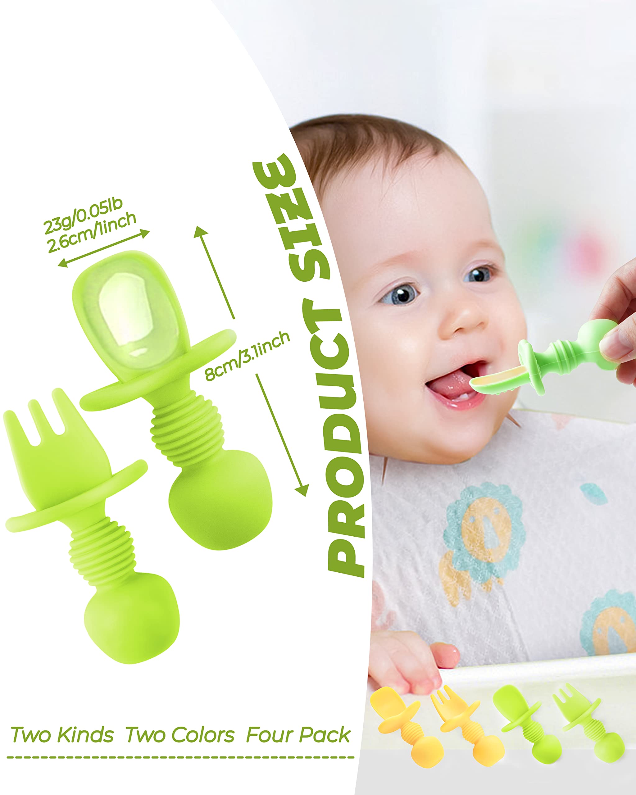 4 Pcs Baby Spoons Self Feeding 6 Months, Silicone Baby Spoons First Stage, Toddler Utensils for Baby Led Weaning with 2 Cases (Yellow, Green)