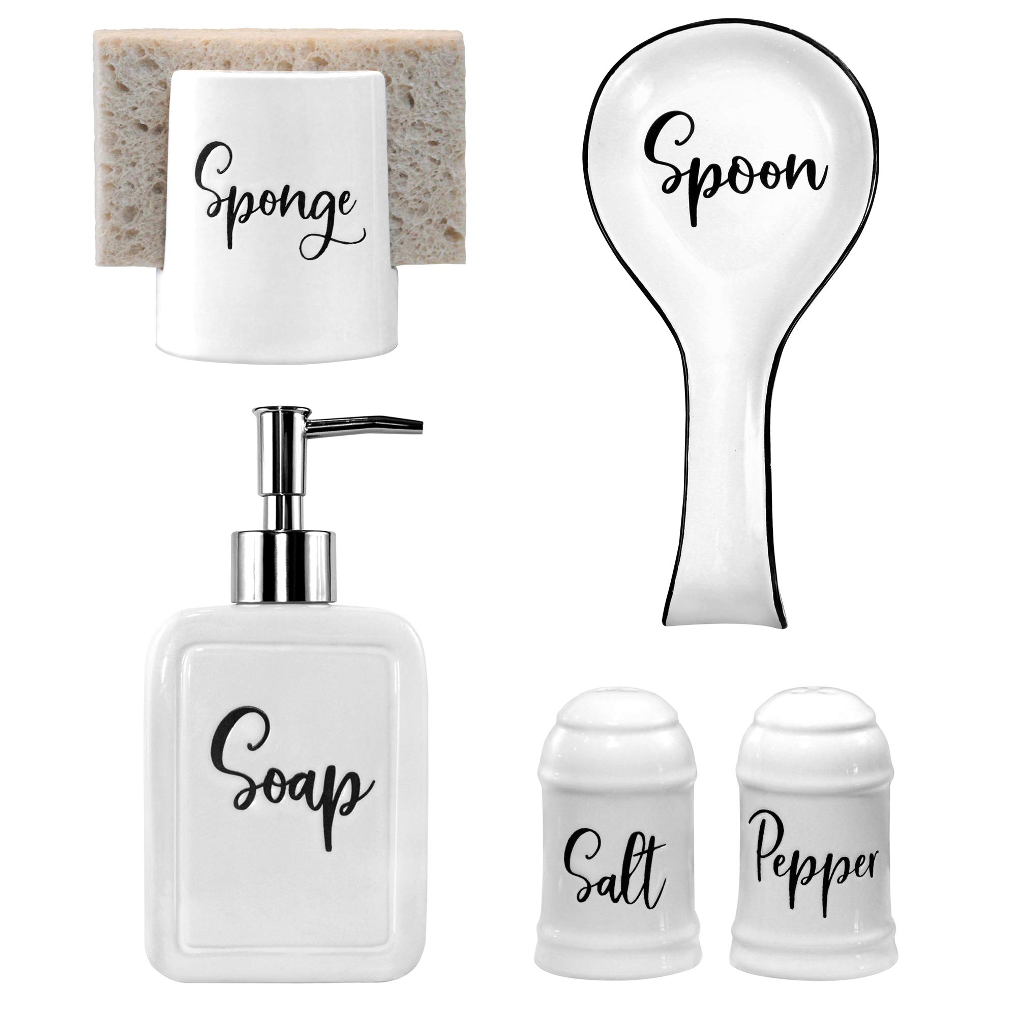 Home Acre Designs Farmhouse Kitchen Decor Ceramic Bundle-Spoon Rest-Sponge Holder-Salt and Pepper Shakers-Soap Dispenser-Farmhouse Decor-Rustic Home Decor Accessories-Black and White Kitchen Decor