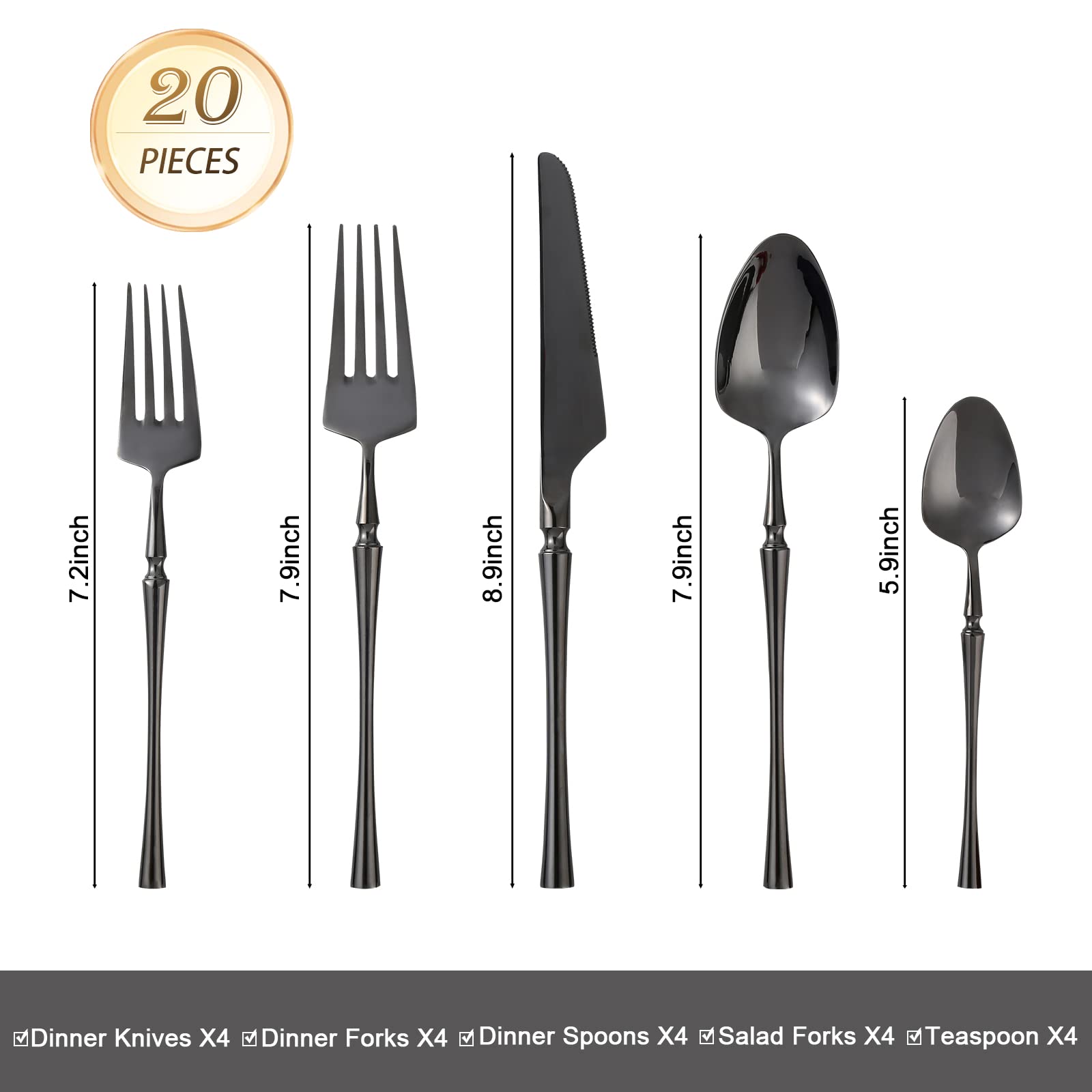 HDZINS 20-Piece Flatware Set Stainless Steel 18/10 Silverware Cutlery Set Service for 4, Tableware Cutlery Set for Home and Restaurant, Dishwasher Safe (Black)