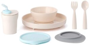 miniware little foodie set with cereal bowl, sandwich plate, my first cutlery set, 1-2-3 sip cup, and detachable suction foot for baby toddler kids | bpa free (vanilla + aqua)