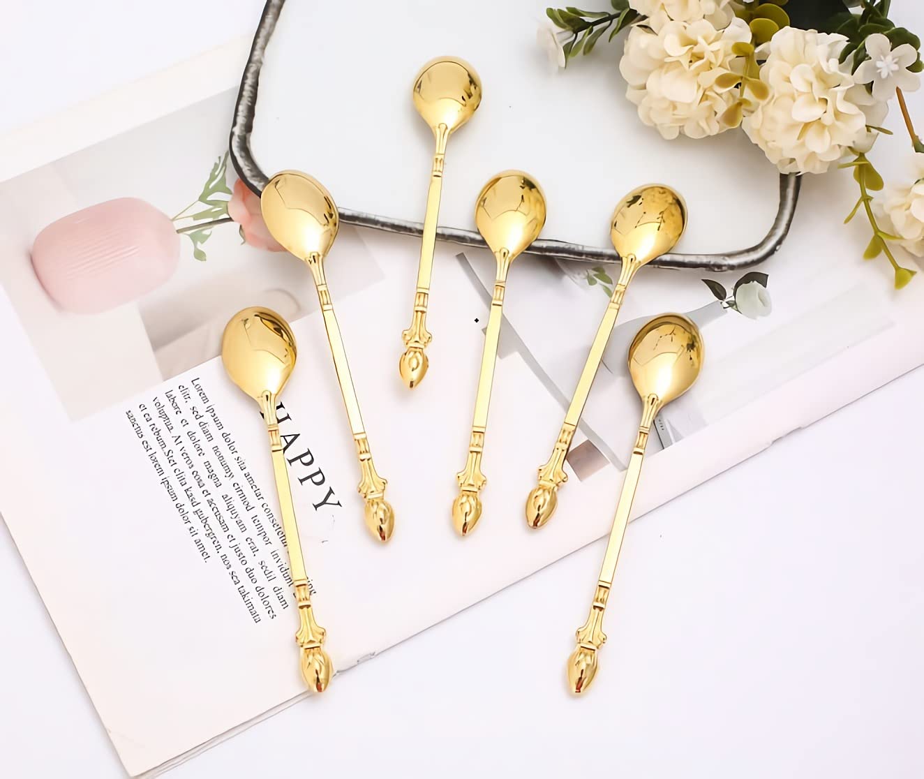 6 Pcs Metal Coffee Spoons Set ,Stainless Steel Dessert Spoon,Ice Cream Spoon with Swan Holder Household Tableware Gold spoon 6 15*5*7.5