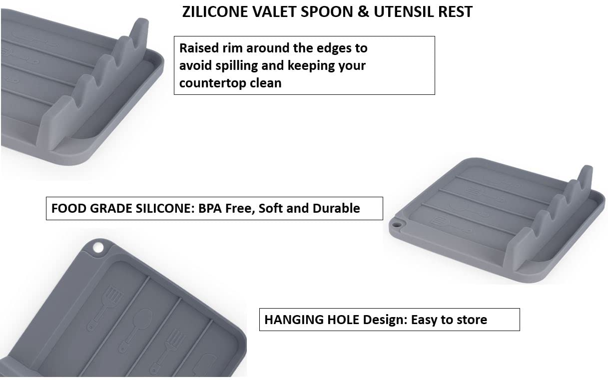 Zilicone Valet Silicone Spoon Rest with Drip Pad - 4 Slotted Spoon Rest for Kitchen Utensils, Tongs, Ladles - Heat Resistant Spoon Holder for Stove Top, Countertops, & Tables (Gray, 1)