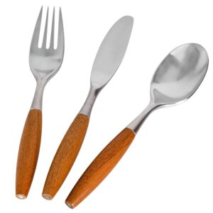avocrafts flatware silverware cutlery set, stainless steel, teak wood dining utensils, eating dinnerware dansk