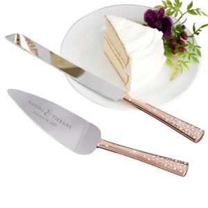 personalization universe personalized rose gold cake knife & server set, engraved with names & date for wedding, custom serving set for cake cutting