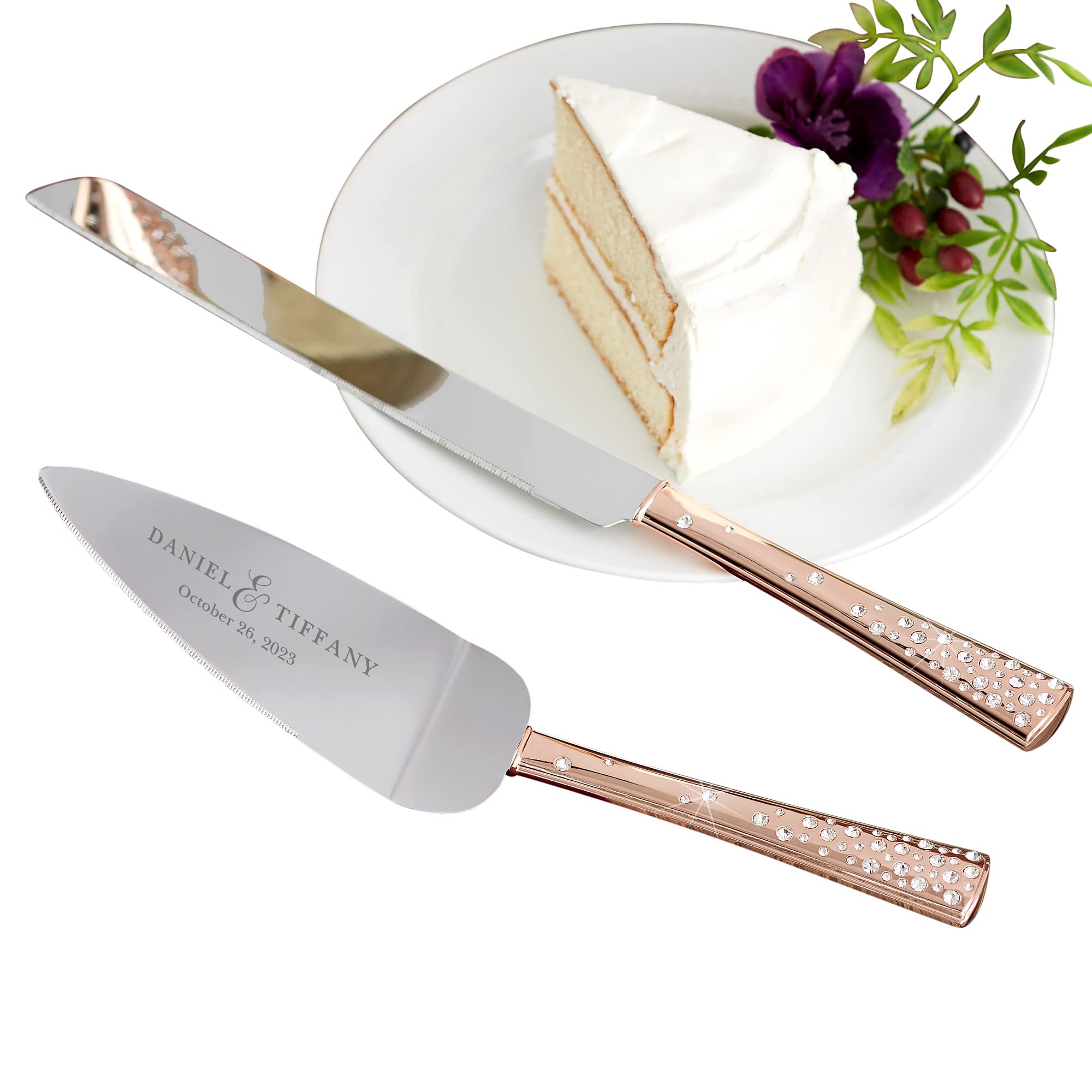 Personalization Universe Personalized Rose Gold Cake Knife & Server Set, Engraved with Names & Date for Wedding, Custom Serving Set for Cake Cutting