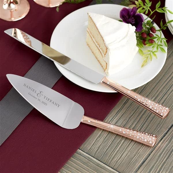 Personalization Universe Personalized Rose Gold Cake Knife & Server Set, Engraved with Names & Date for Wedding, Custom Serving Set for Cake Cutting