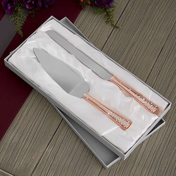 Personalization Universe Personalized Rose Gold Cake Knife & Server Set, Engraved with Names & Date for Wedding, Custom Serving Set for Cake Cutting