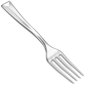 super elegant, bpa free 50ct plastic tasting forks. mini cocktail or sampling fork set for appetizers, shrimp and seafood. durable, recyclable 4 tine utensil with stainless steel look (50 pack)