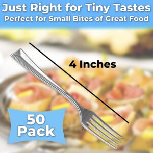 Super Elegant, BPA Free 50ct Plastic Tasting Forks. Mini Cocktail or Sampling Fork Set for Appetizers, Shrimp and Seafood. Durable, Recyclable 4 Tine Utensil with Stainless Steel Look (50 pack)