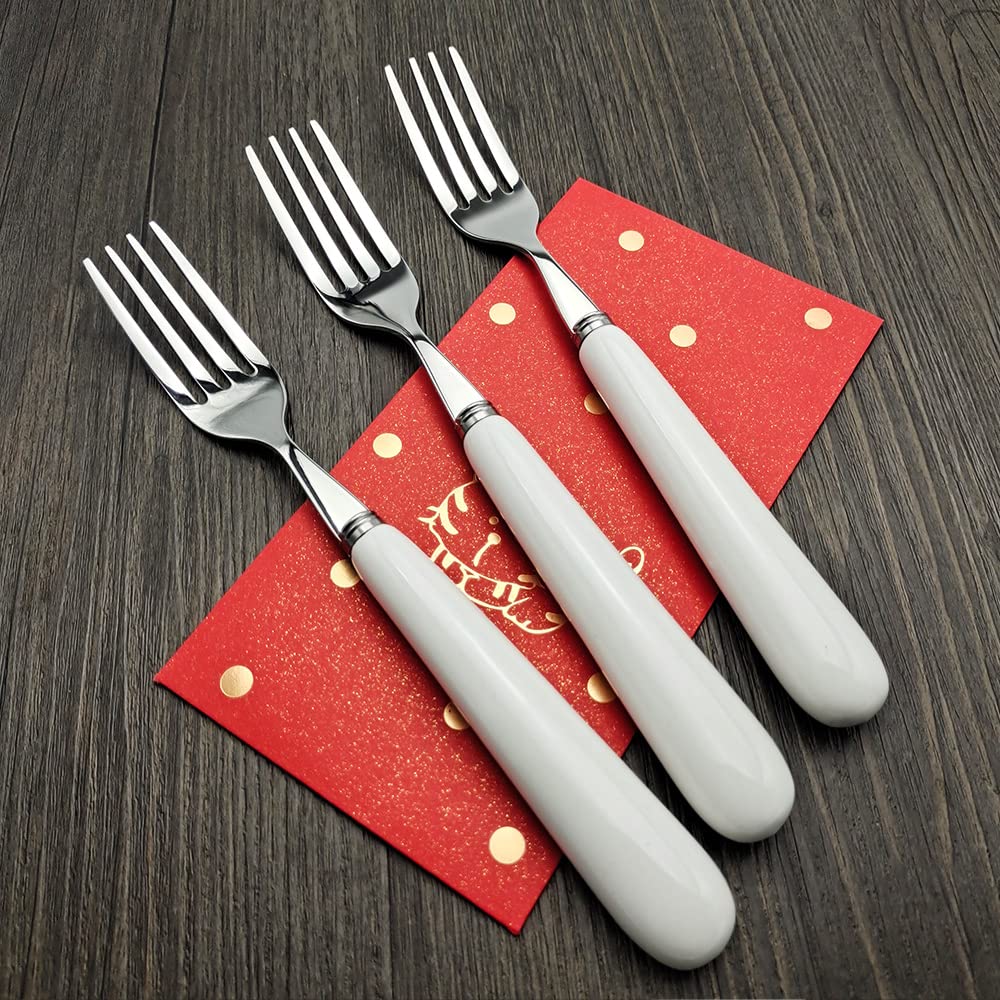 20.5CM Good Dinner Forks 18/10 Stainless Steel Table Fork (Creative Handle Material Ceramics) Main Course Fork, 4-Tine Forks, SUS304 8inch, White (304DF20-5)