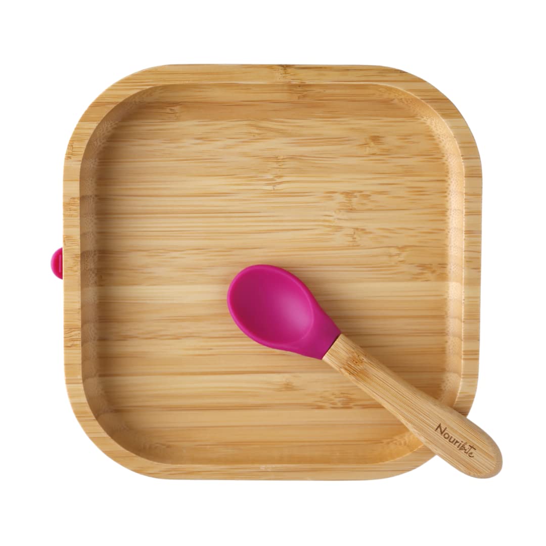 Nouribite Bamboo Suction Square Plate and Spoon Set for Baby/Toddler, 6 months+ (Fuchsia)