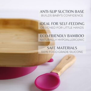 Nouribite Bamboo Suction Square Plate and Spoon Set for Baby/Toddler, 6 months+ (Fuchsia)